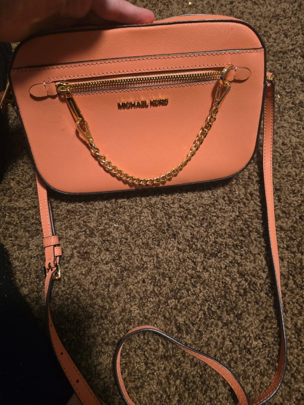 Michael Kors Coral Saffiano Crossbody with Gold Chain
